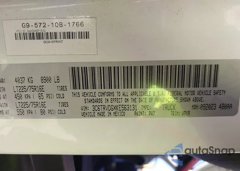 2019 Ram Promaster 2500 High Roof 159 Wb z USA, uszkodzony, nr VIN 3C6TRVDGXKE563131